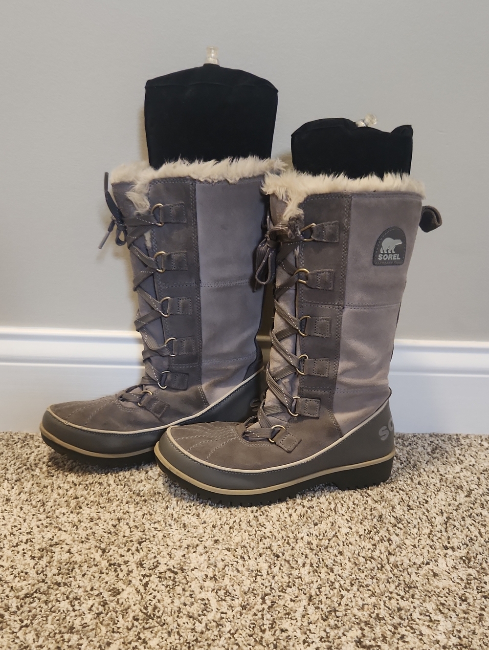 Sorel Grey Tall Lace-Up Winter Boots with Faux Fur Cuff